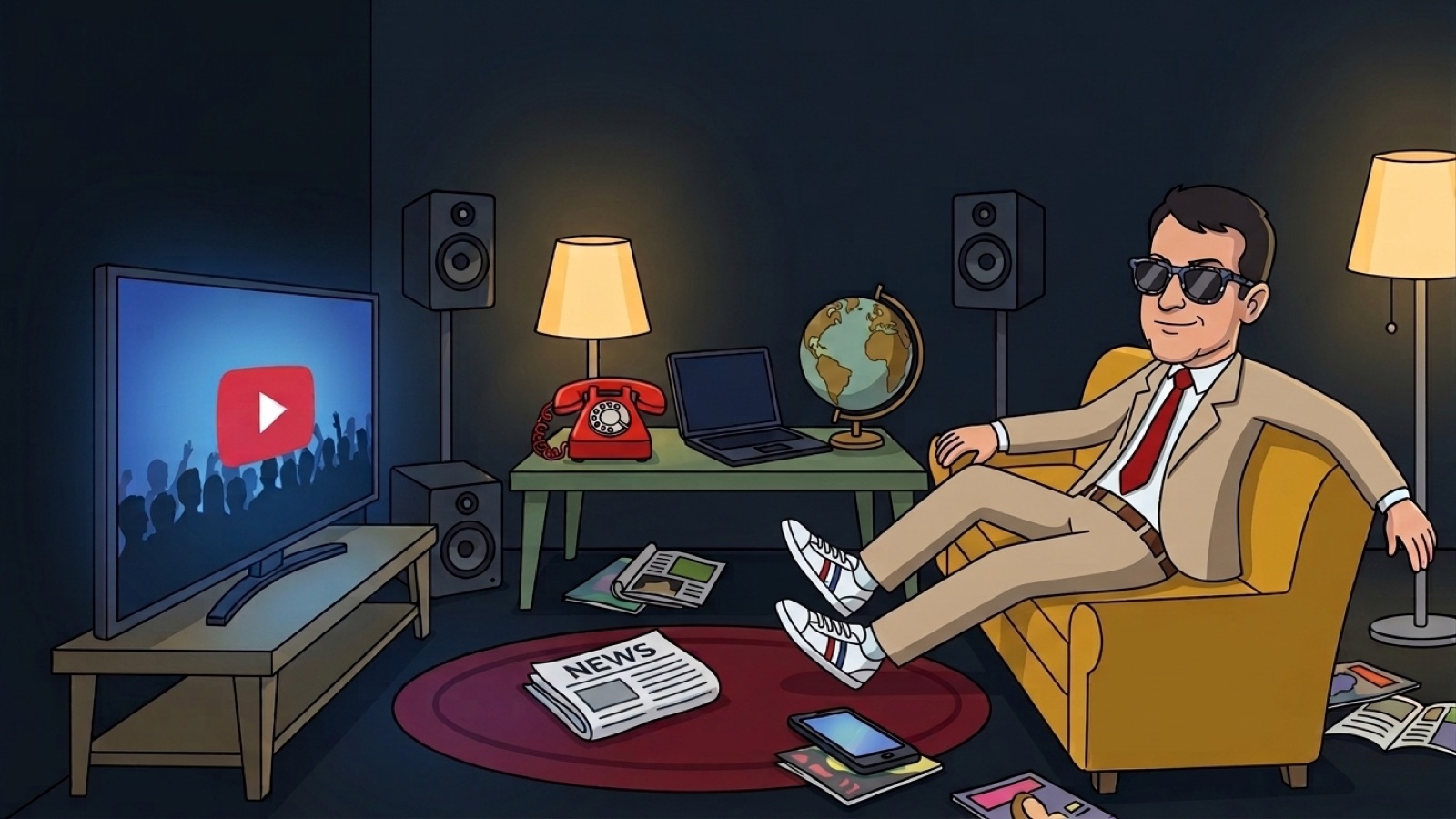 Ilustração da sala do Vesgo: o personagem de óculos escuros recostado numa poltrona amarela, cercado por televisão, telefone vermelho, globo, laptop, abajur e jornais.