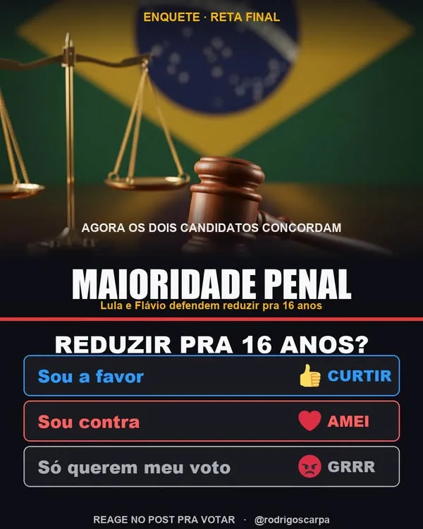 Arte do post: Reduzir a maioridade penal para 16 anos: você é a favor?