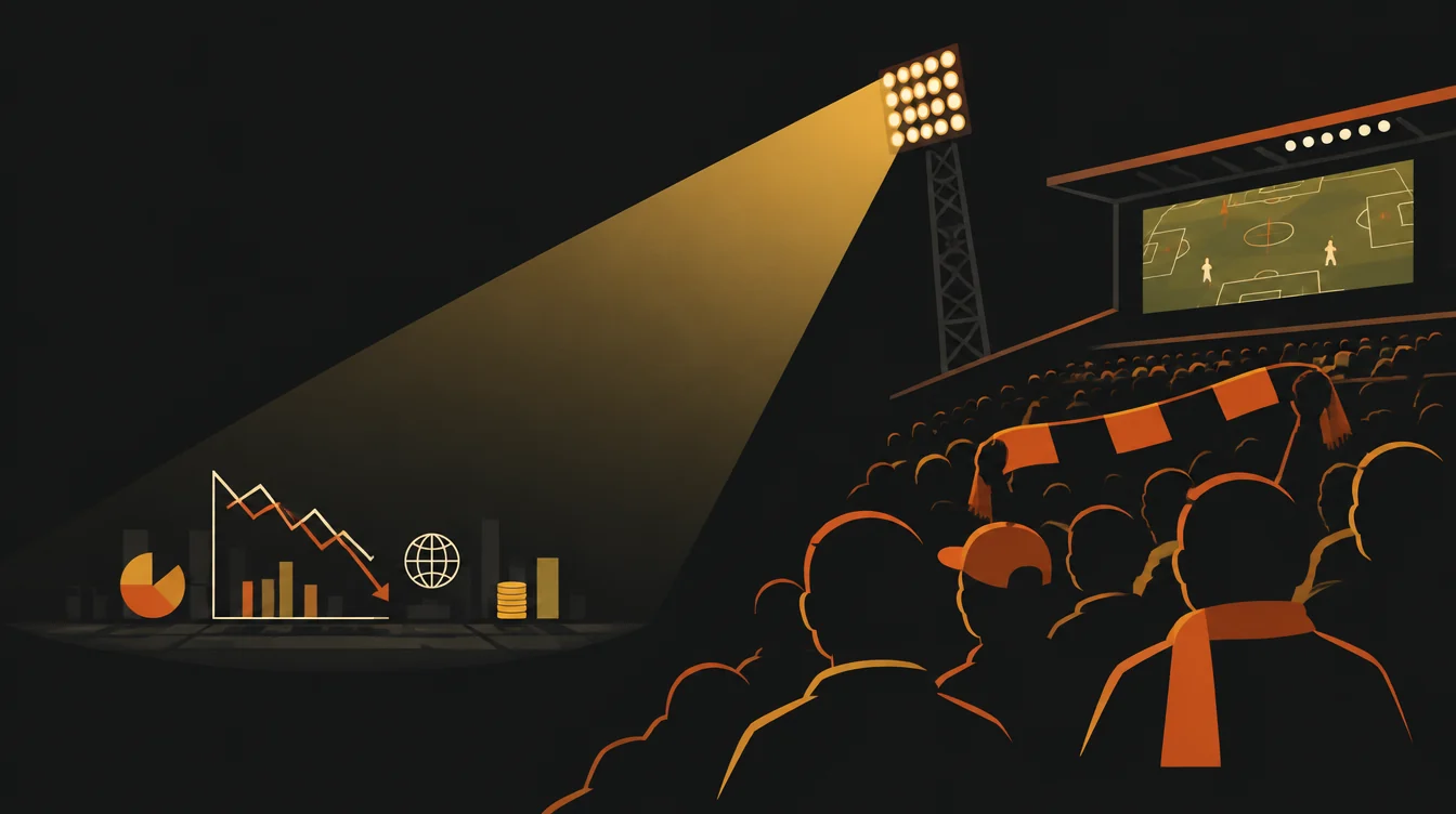 Uma torre de refletor de estádio iluminando um campo, com pequenos gráficos no escuro embaixo