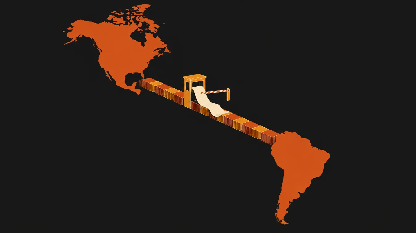 As Américas ligadas por uma ponte de contêineres, da América do Norte à do Sul, com uma cabine de pedágio no meio, a cancela abaixada e uma lista de papel comprida saindo pela janela