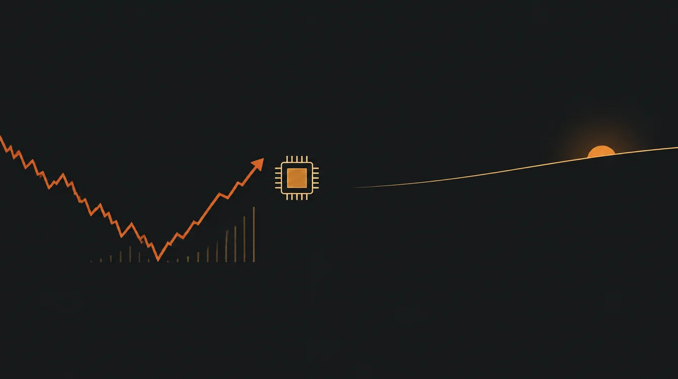 Uma linha de gráfico que cai e volta a subir até um pequeno chip, com outra linha fina subindo ao fundo em direção a um sol