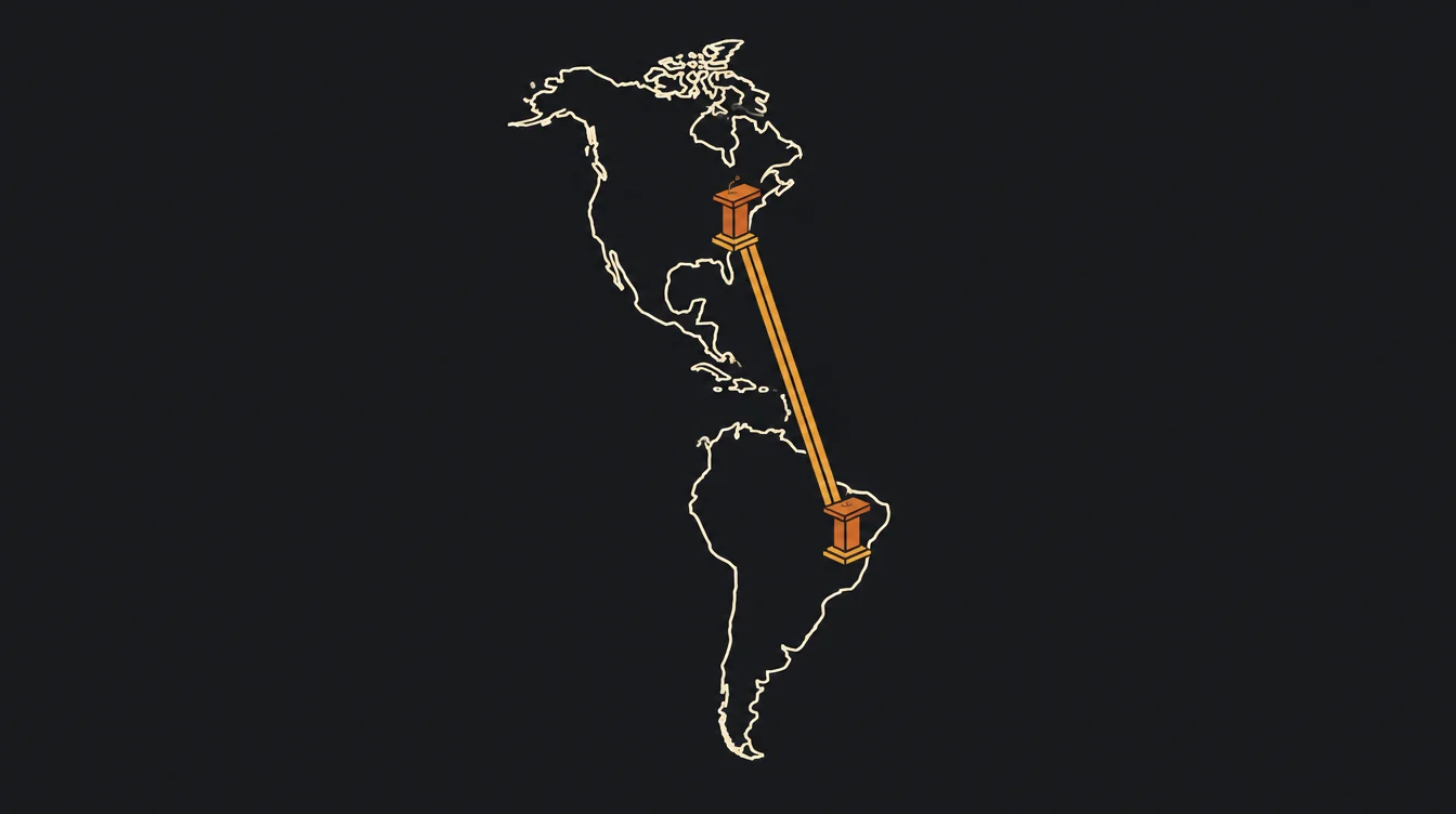 Um mapa geométrico das Américas, do Norte e do Sul, ligadas por um caminho estreito como um corredor que desce dos Estados Unidos até o Brasil, com um púlpito vazio em cada ponta