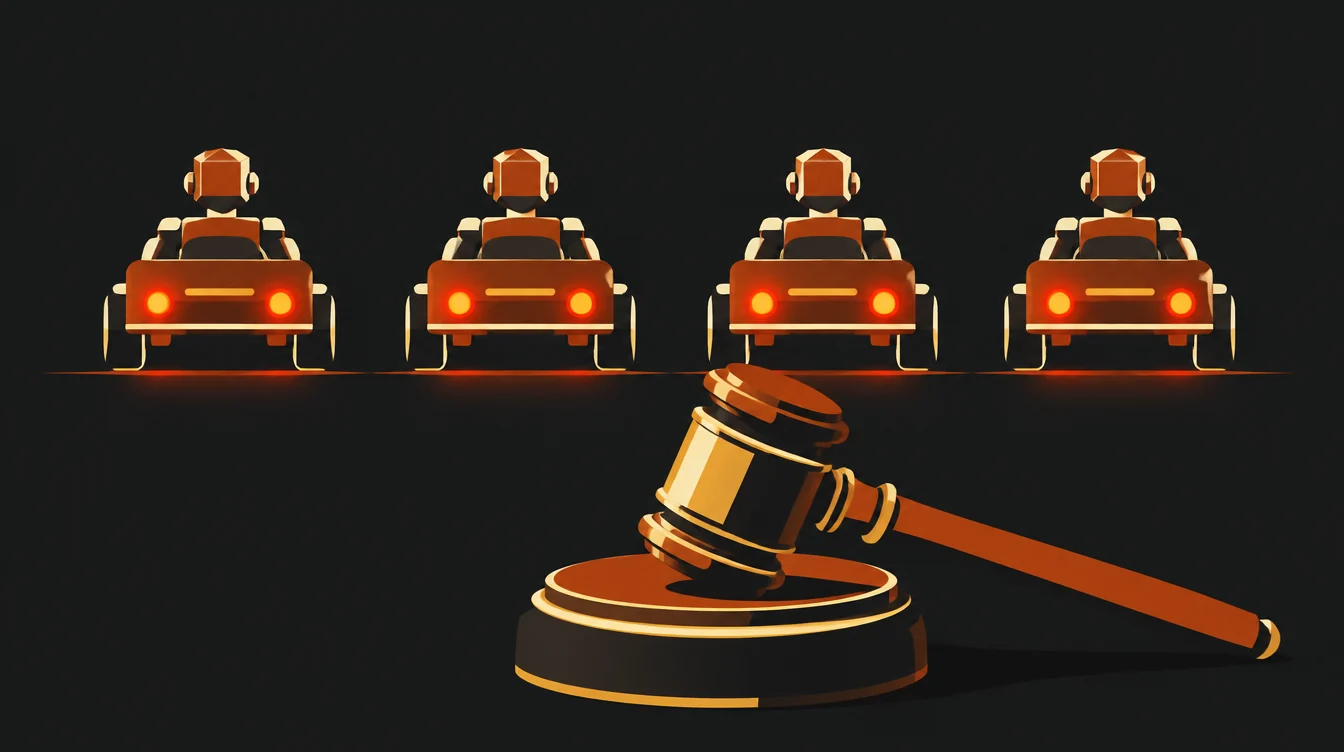 Quatro silhuetas geométricas de robô, cada uma num carrinho igual, parados lado a lado na mesma linha com os faróis acesos, e um martelo de juiz em primeiro plano