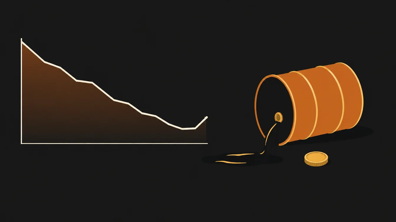 Uma linha de gráfico que desce e dobra para cima no fim, ao lado de um barril de petróleo tombando e de uma moeda pequena