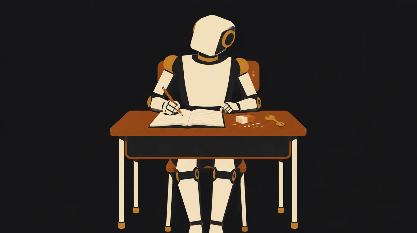 Um robô geométrico sentado numa carteira escolar, escrevendo num caderno aberto, com uma borracha e uma chave pequena sobre a mesa