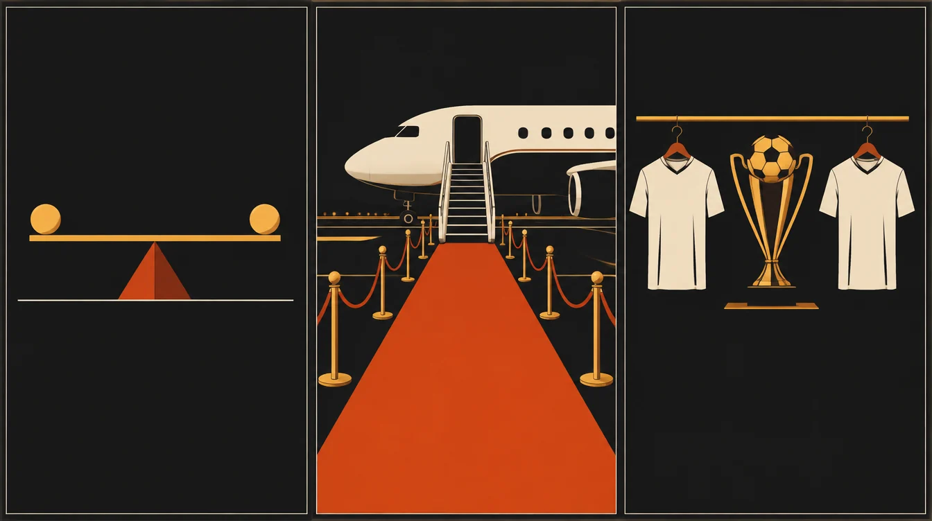 Três cenas lado a lado: uma gangorra equilibrada, um tapete vermelho estendido na pista de um aeroporto ao lado da escada de um avião, e um troféu de futebol pendurado entre duas camisas lisas em cabides, sem escudo