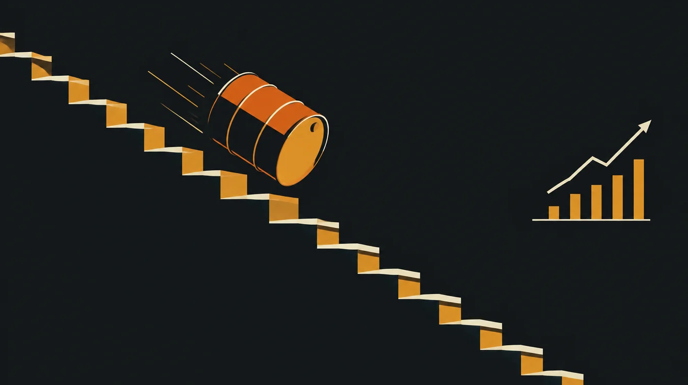 Um barril de petróleo descendo uma escada degrau por degrau, e à direita uma seta de gráfico de juros apontando para cima