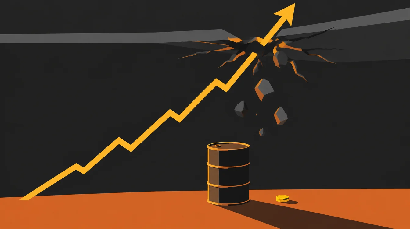 Um gráfico de linha subindo em ângulo acentuado e atravessando um teto que racha, com um pequeno barril de petróleo e uma moeda embaixo