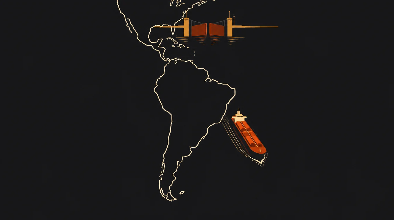Um navio-tanque descendo pela costa atlântica de um contorno geométrico da América do Sul em direção ao Brasil, enquanto ao fundo, na costa da América do Norte, um portão de porto está quase fechado