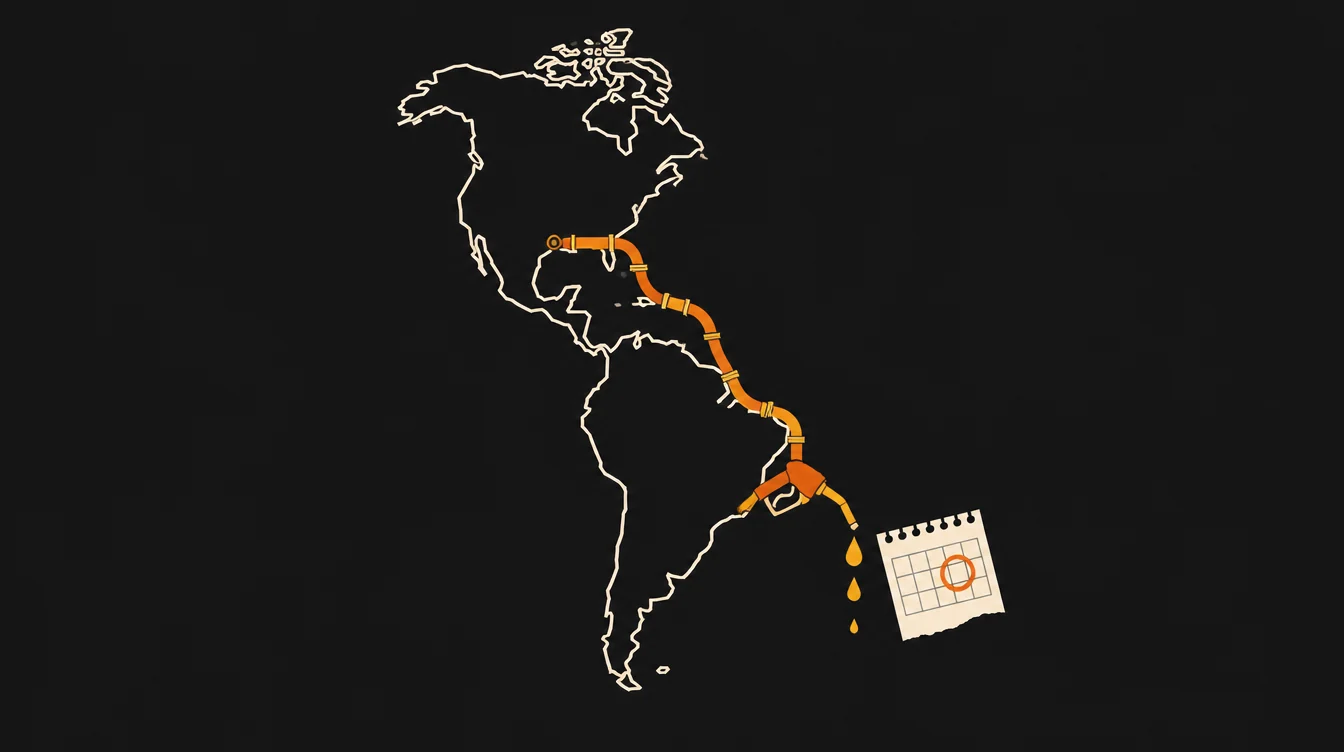 Contorno geométrico das Américas com um duto de combustível descendo do sul dos Estados Unidos pela costa atlântica até o Brasil, um bico de combustível pingando na ponta brasileira e, ao lado, uma folha de calendário com um dia circulado em laranja