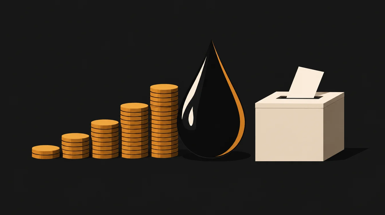 Uma pilha de moedas douradas subindo em forma de escada ao lado de uma gota grande de petróleo e de uma urna com uma cédula em branco entrando pela fenda