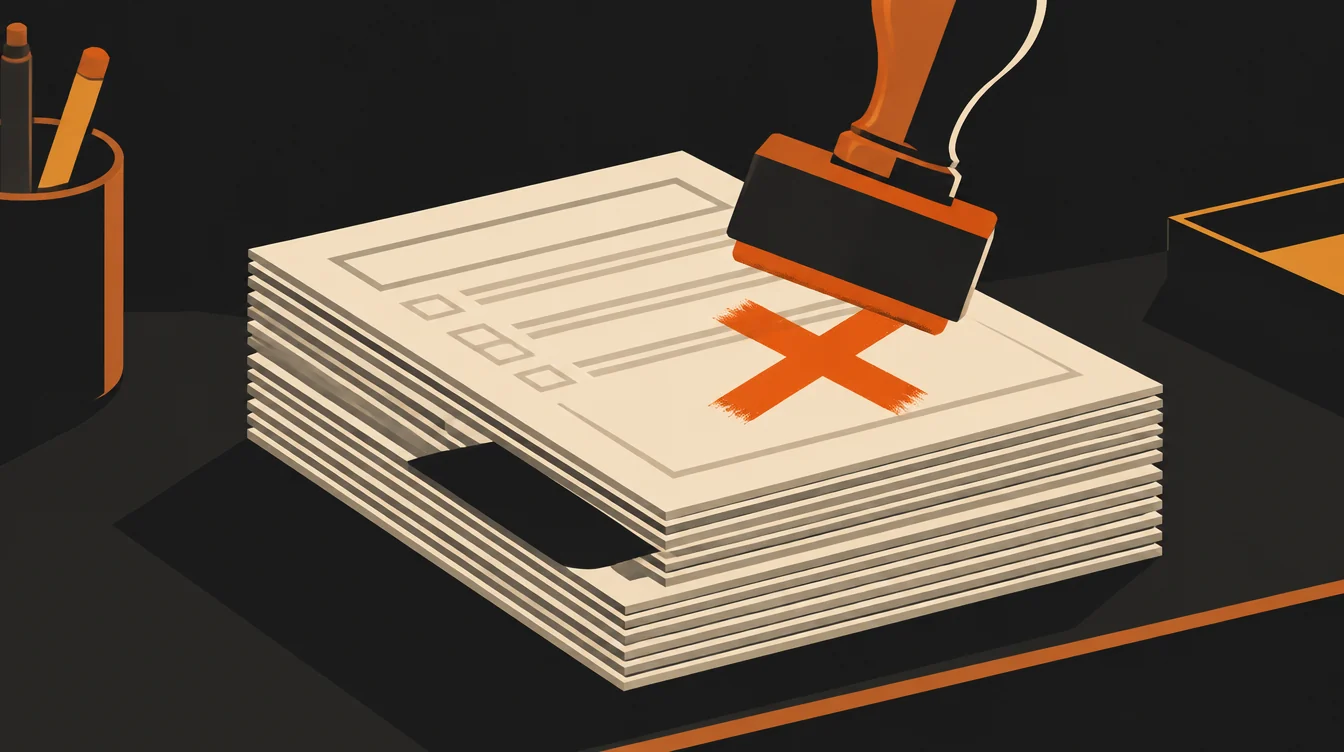 Uma pilha de formulários oficiais em branco sobre a mesa com um vão aparente onde falta uma folha e um carimbo grande descendo sobre o formulário de cima, deixando um X laranja