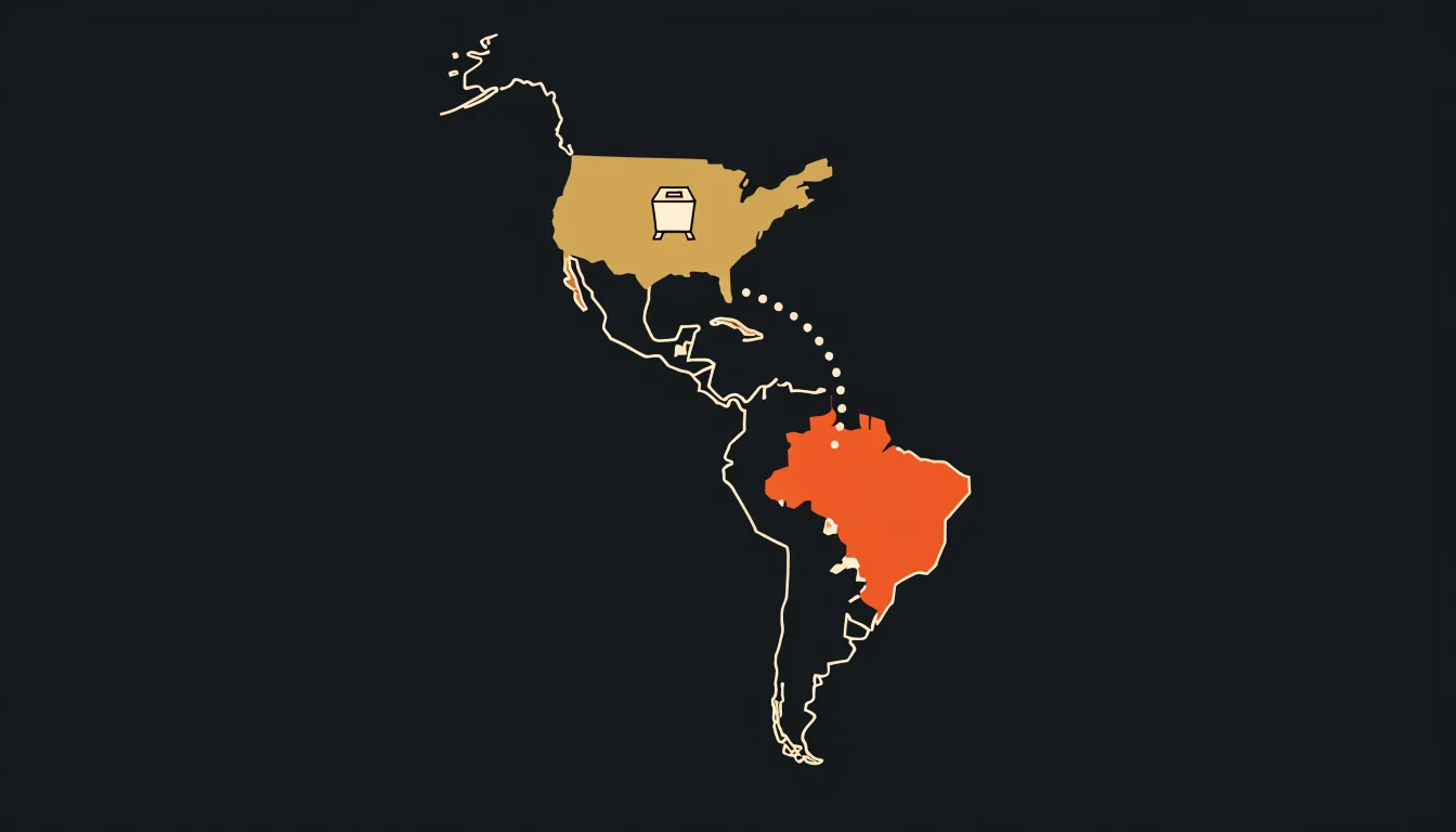 Contorno do mapa das Américas com os Estados Unidos pintados de dourado e uma pequena urna no meio deles, e uma linha pontilhada descendo em arco até o Brasil, pintado de laranja