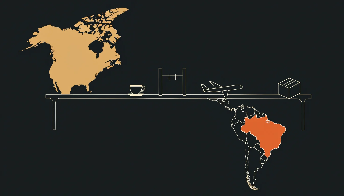 Mapa das Américas com a América do Norte em dourado e o Brasil pintado de laranja, ligados por uma mesa comprida onde estão uma xícara de café, um avião e uma caixa de papelão, com um portão fechado no meio da mesa