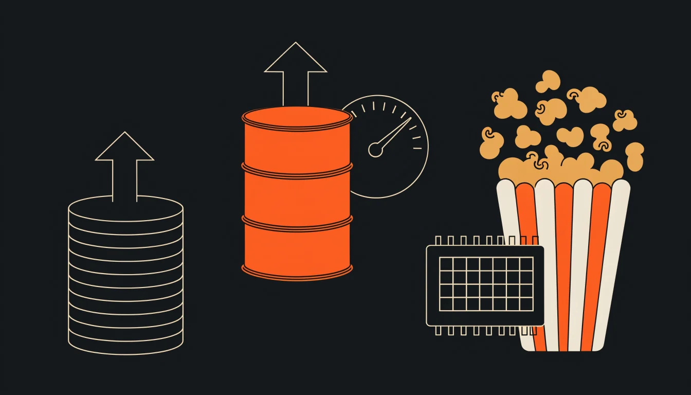 Uma pilha de moedas com uma seta para cima, um barril de petróleo laranja com uma seta para cima ao lado de um medidor, e um chip de memória ao lado de um balde de pipoca de cinema transbordando