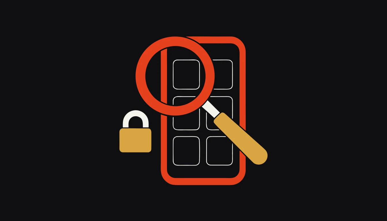Uma lupa grande sobre a tela de um celular com uma grade de quadrados vazios, e um cadeado fechado ao lado