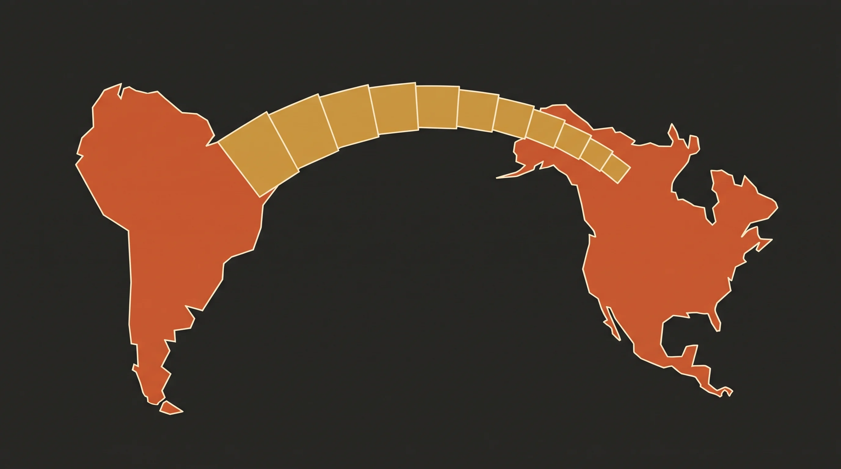 A América do Sul e a América do Norte ligadas por uma ponte de blocos que vão diminuindo de tamanho de um lado para o outro