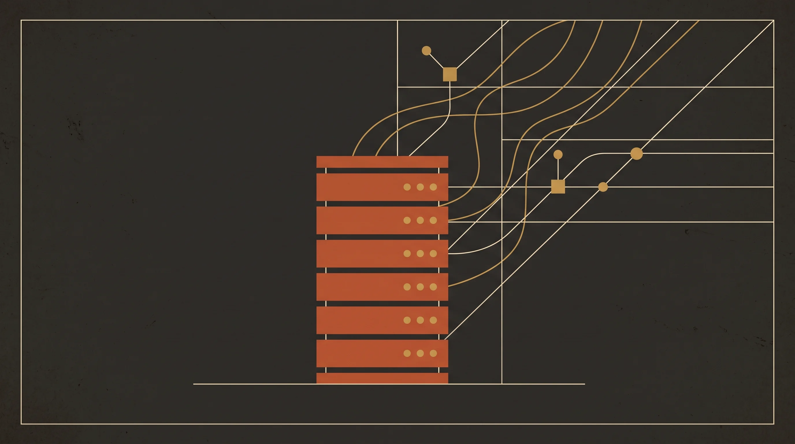 Um rack de servidores desenhado como pilha de retângulos com pontos luminosos, com linhas de rede saindo dele e subindo para a direita
