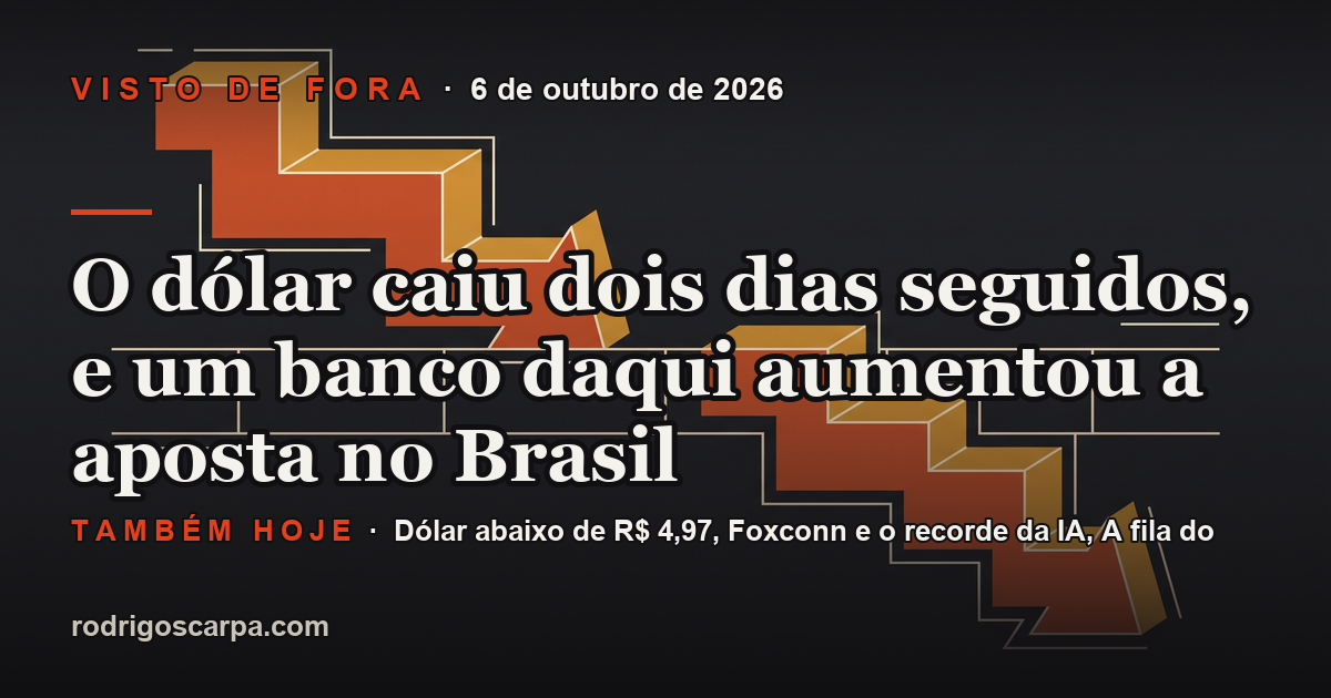 Edição 15, Terça-feira, 6 de outubro de 2026. O dólar caiu dois dias seguidos, e um banco daqui aumentou a aposta no Brasil