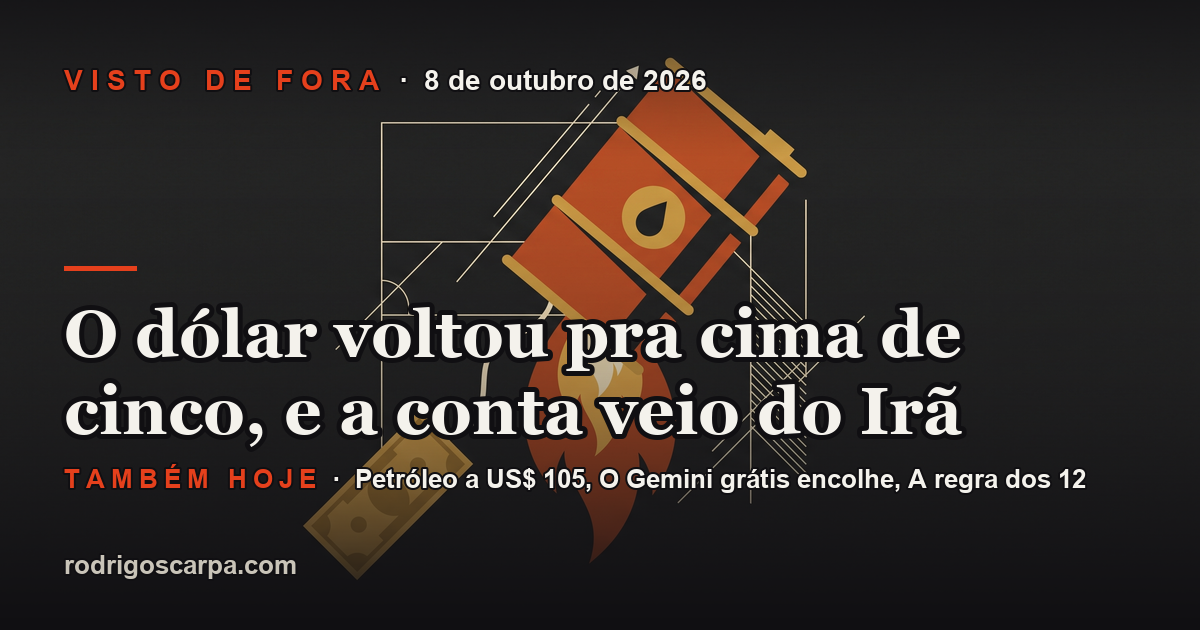 Edição 17, Quinta-feira, 8 de outubro de 2026. O dólar voltou pra cima de cinco, e a conta veio do Irã
