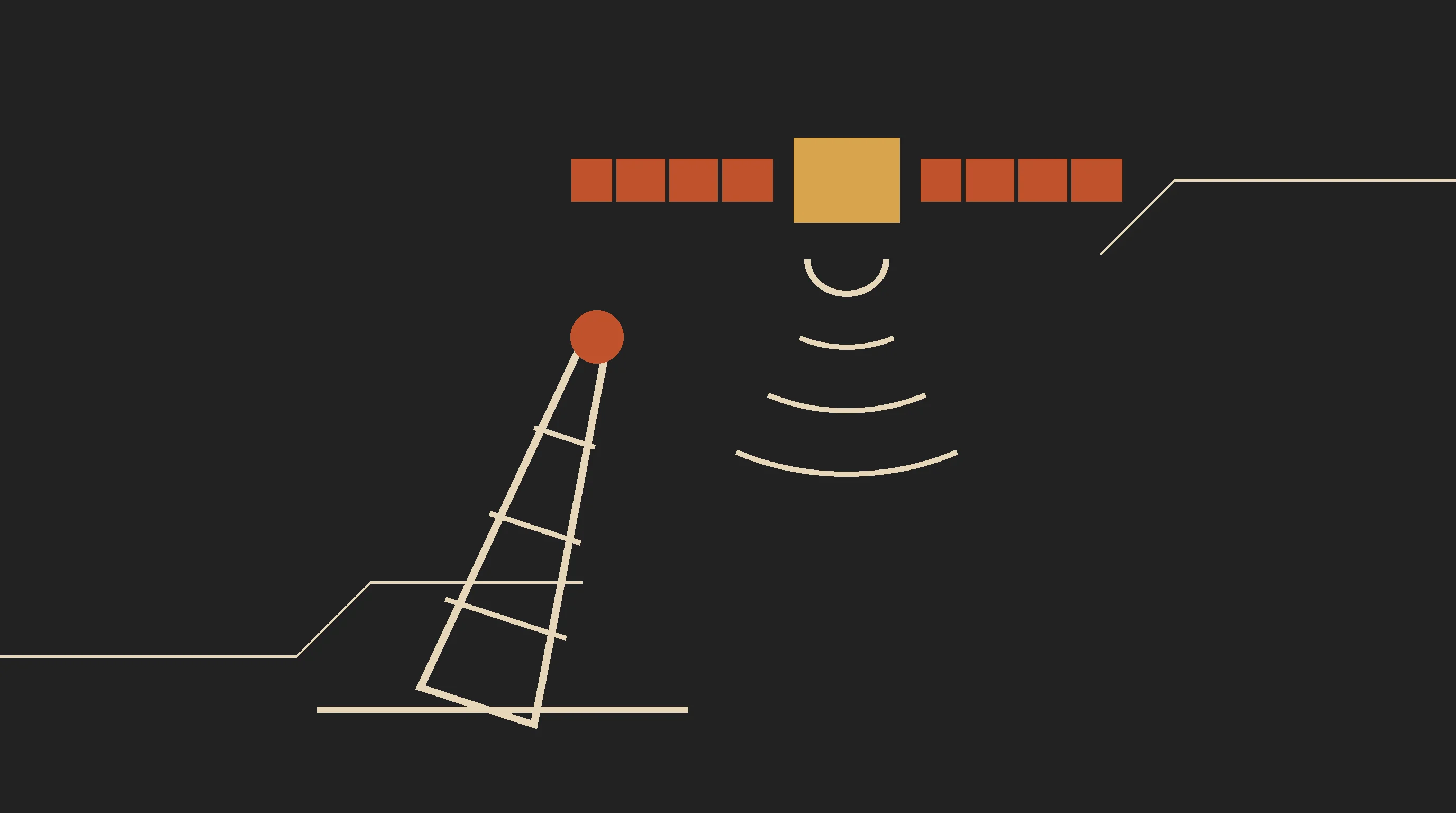 Um satélite no alto emitindo sinal para baixo, e uma torre de celular tombando no chão