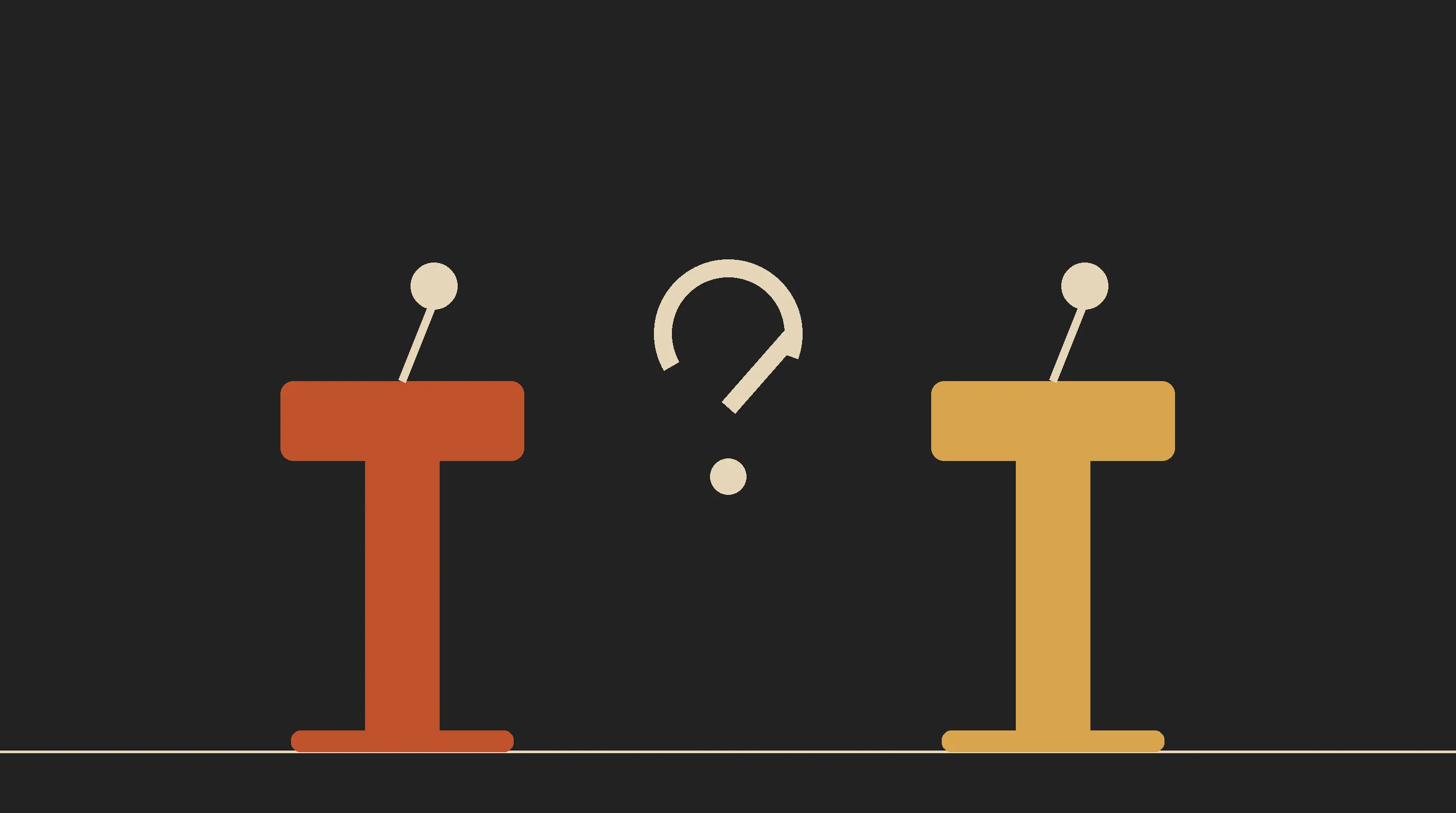 Dois púlpitos de debate exatamente da mesma altura, um laranja e um dourado, com um ponto de interrogação claro entre eles