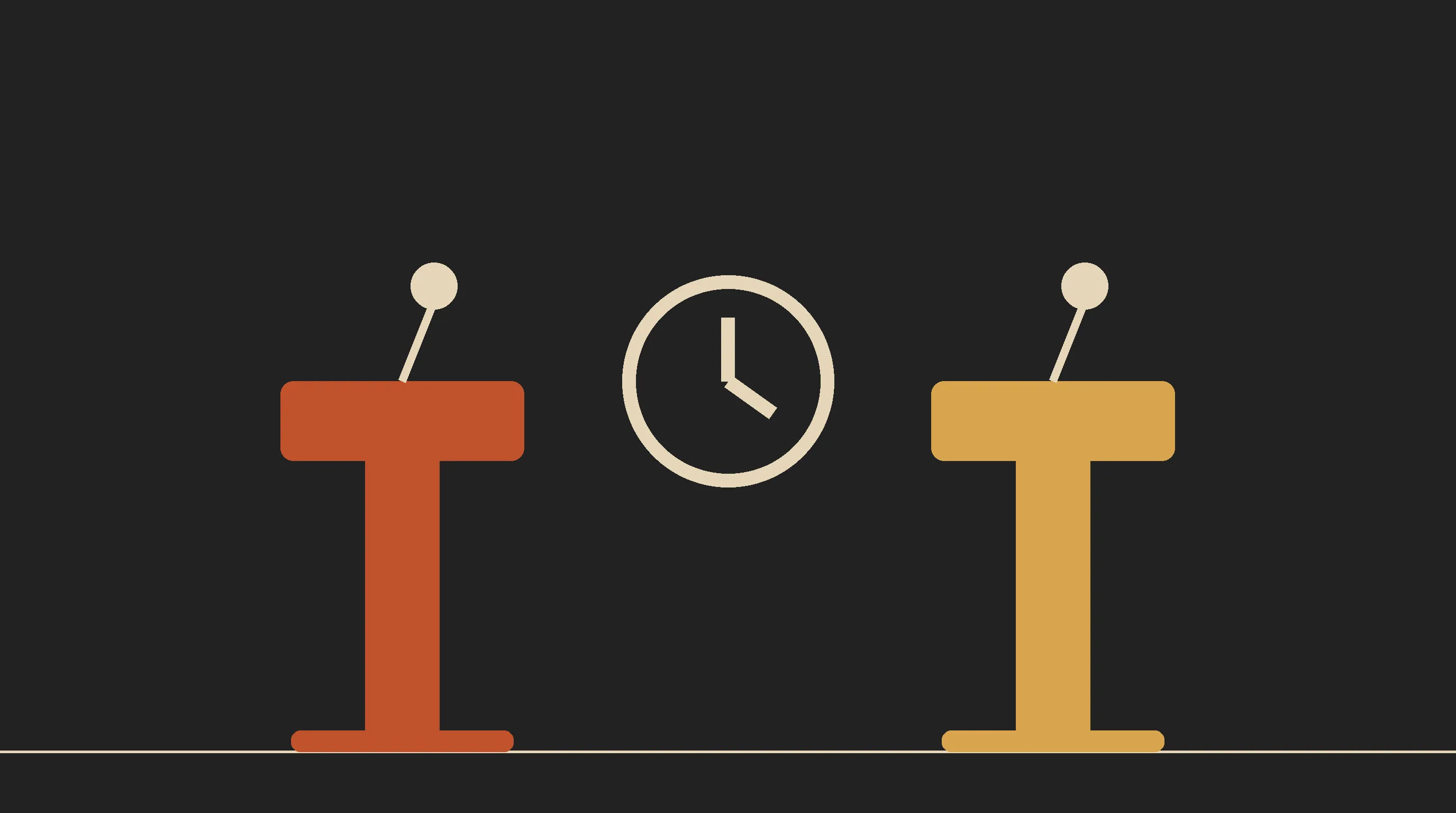 Dois púlpitos de debate da mesma altura, um laranja e um dourado, com um relógio claro entre eles